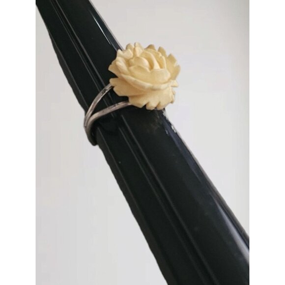 BEAU STERLING CREAM ROSE CELLULOID Ring VINTAGE ESTATE JEWELRY Size 6 RARE 925 - Picture 6 of 12